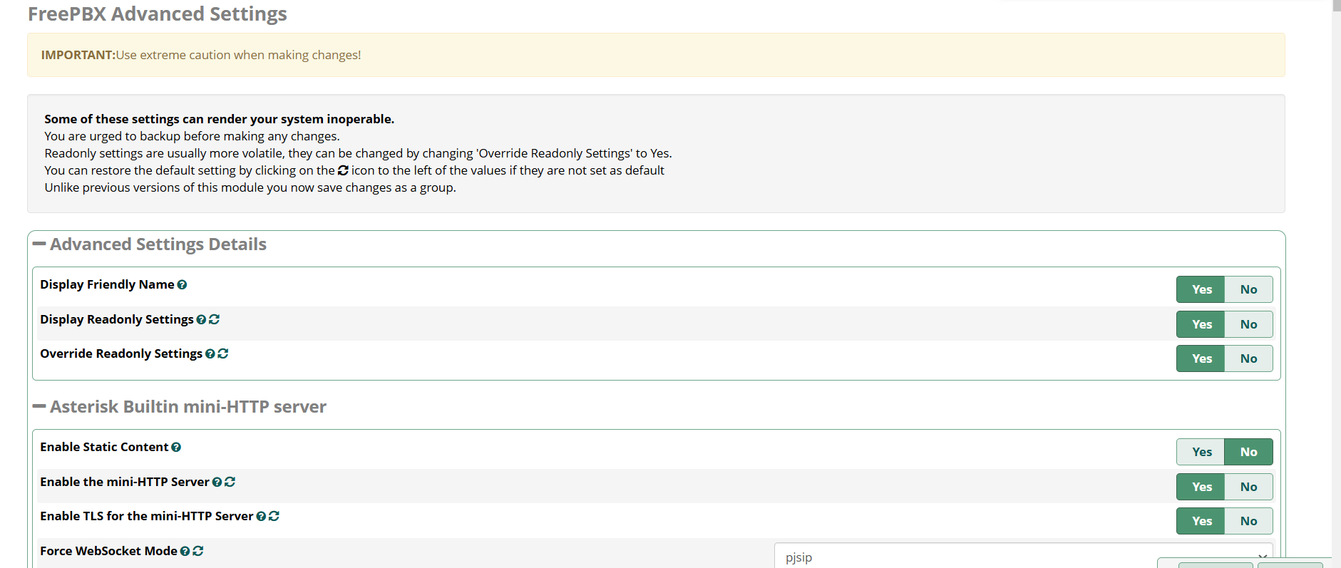 FreePBX Advanced Settings: warning banner, read-only controls, and mini-HTTP server toggles
