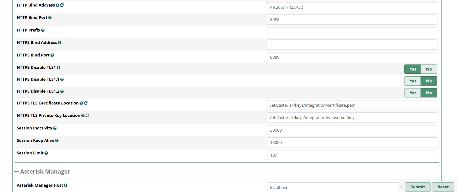 FreePBX Advanced Settings: HTTP/HTTPS bind address and ports, TLS settings, certificate and key paths, session limits
