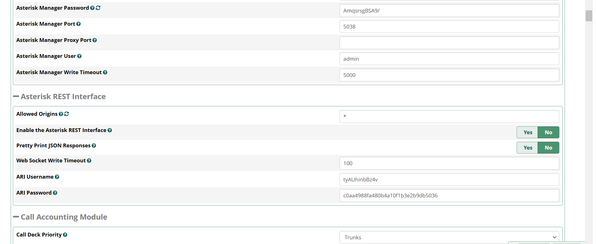 FreePBX Advanced Settings: Asterisk Manager Interface and Asterisk REST Interface settings including allowed origins and credentials