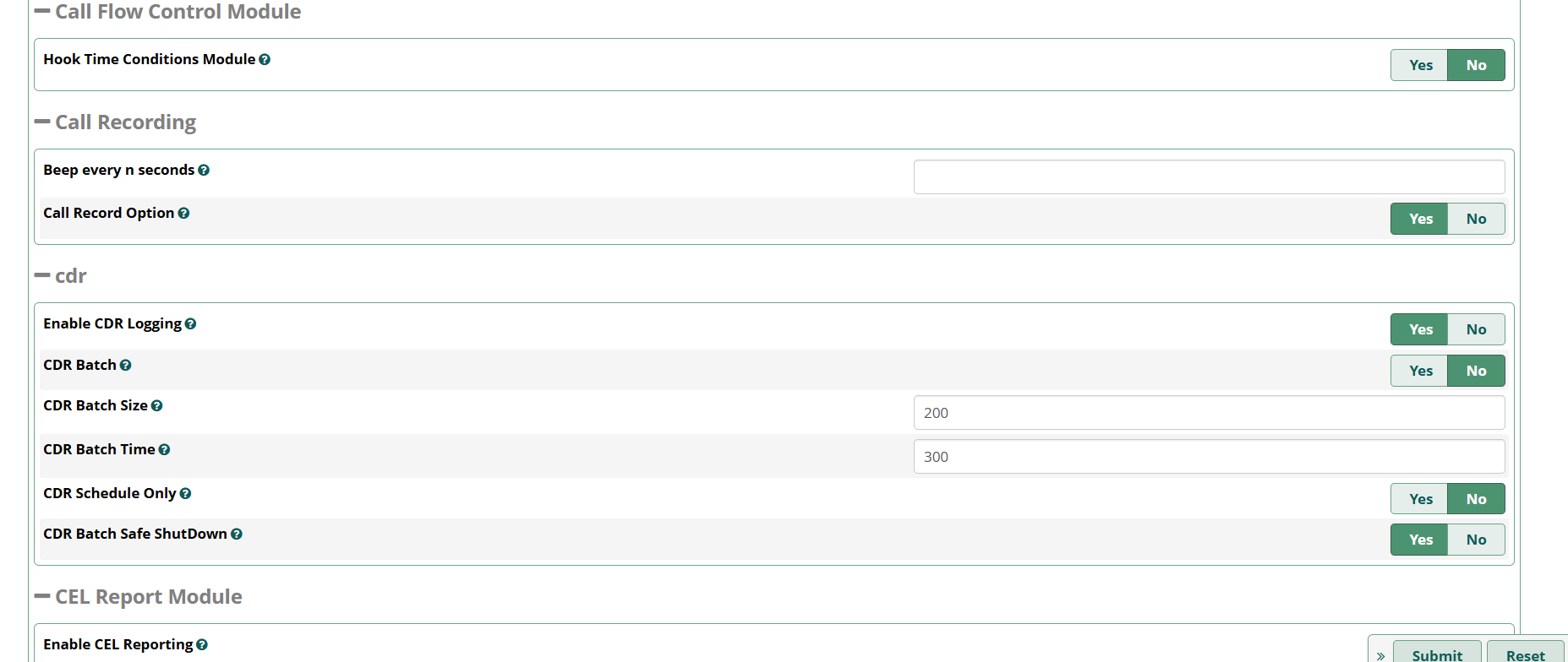 FreePBX Advanced Settings: Time Conditions hook, call recording defaults, CDR logging and batch configuration, start of CEL reporting