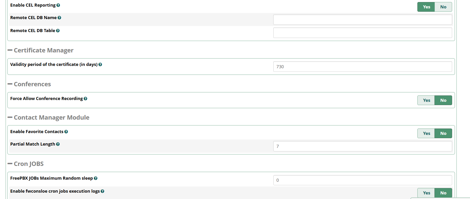 FreePBX Advanced Settings: CEL reporting, certificate validity period, conferences forced recording, contact manager settings, cron job settings