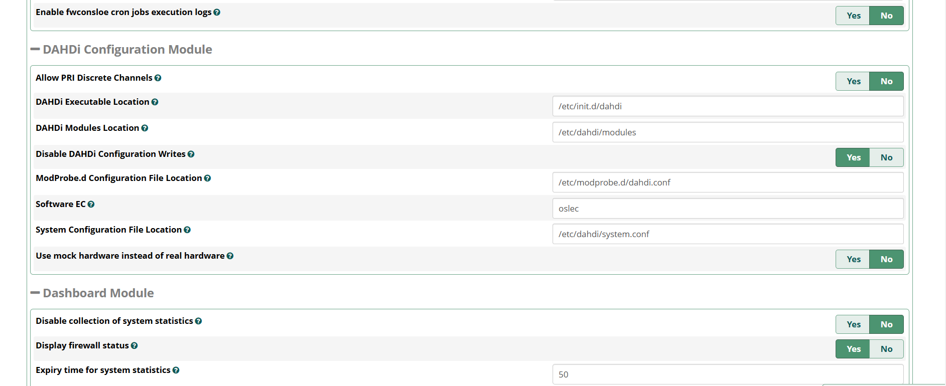 FreePBX Advanced Settings: DAHDI configuration module paths and dashboard module statistics toggles
