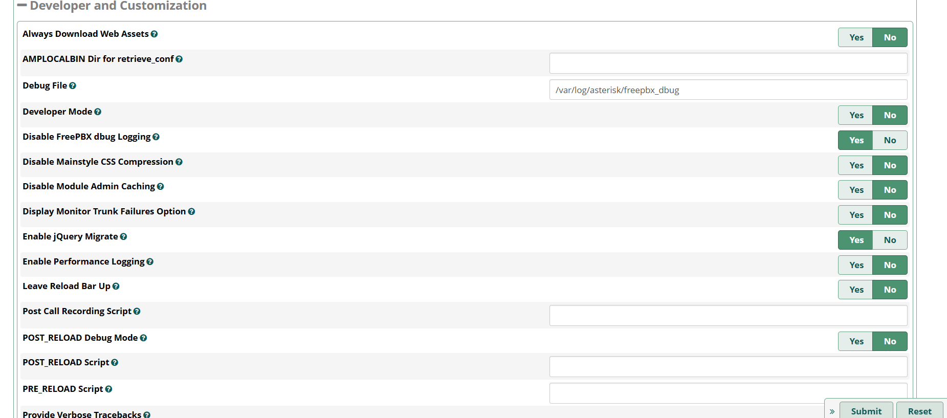 FreePBX Advanced Settings: developer and customization settings including debug file, caching, performance logging, reload scripts