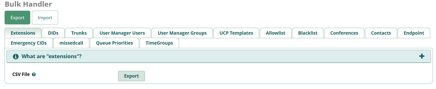 FreePBX Bulk Handler admin screen with Extensions tab and Export/Import