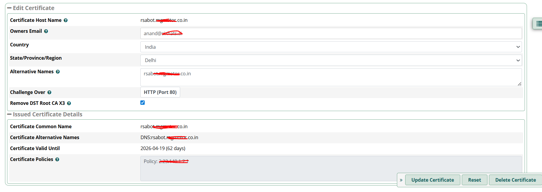 FreePBX edit certificate screen (Let's Encrypt)