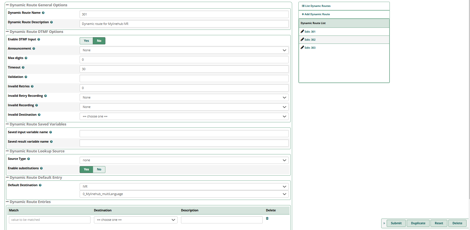 Dynamic Route configuration screen in FreePBX