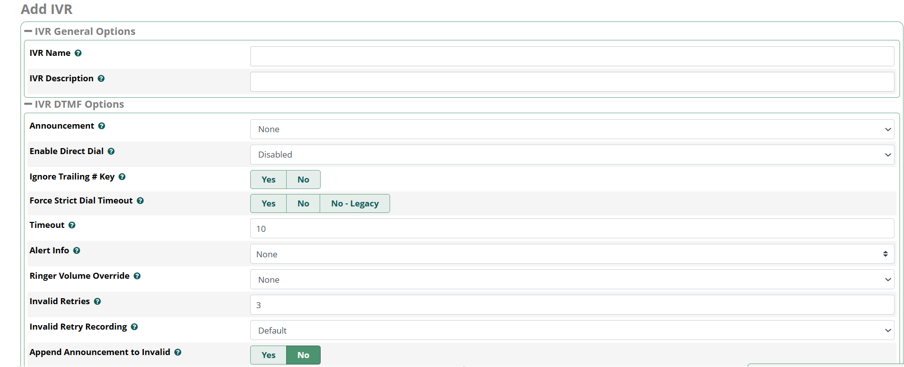 Add IVR screen showing IVR General Options and IVR DTMF Options