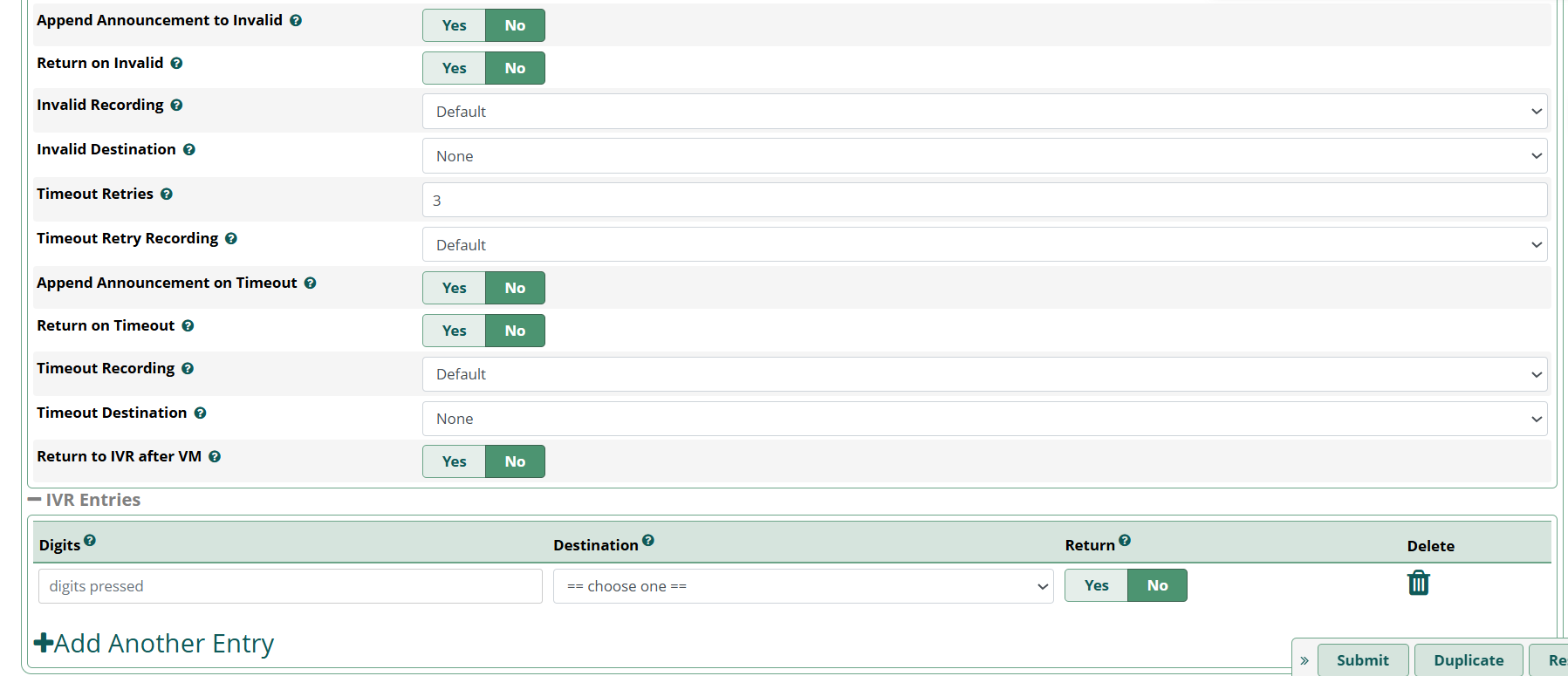 Add IVR lower section showing invalid/timeout settings and IVR Entries mapping table