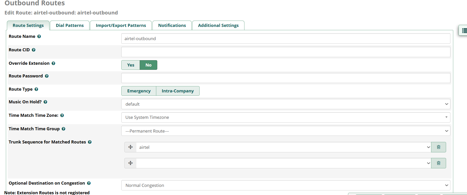 Outbound Route Settings screen in FreePBX