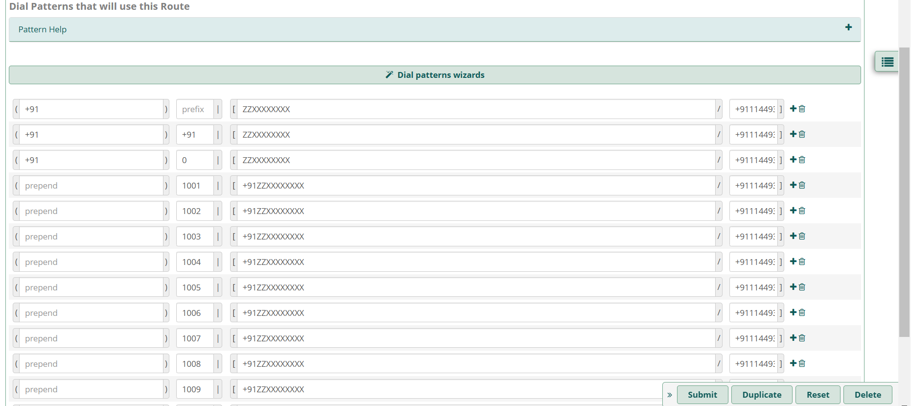 Dial patterns configuration table in FreePBX
