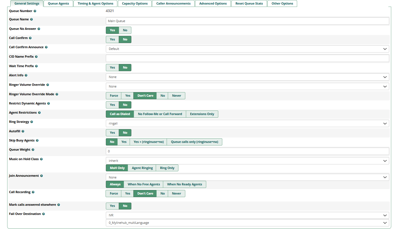 FreePBX Queue Edit - General Settings tab showing Queue Number, Queue Name, Ring Strategy, MOH class/mode, recording and failover destination