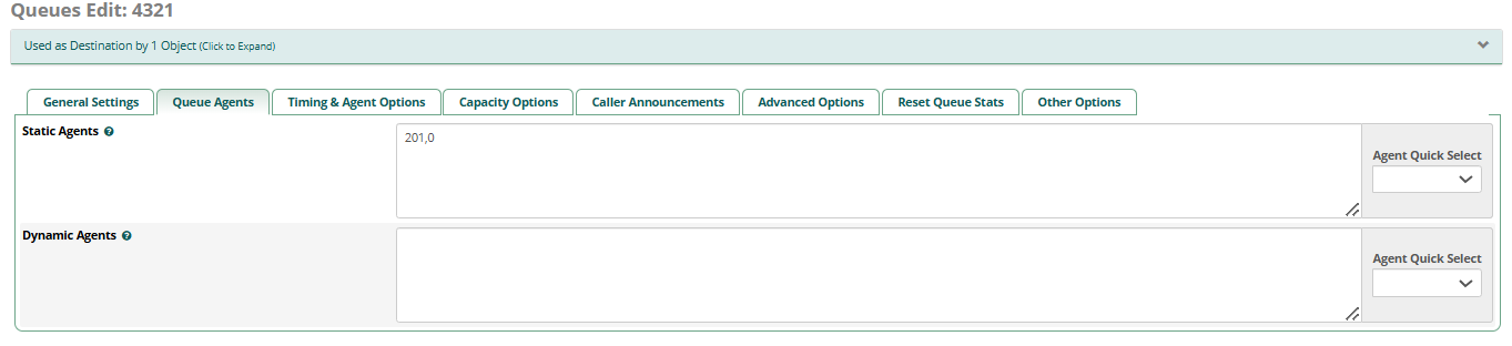 FreePBX Queue Edit - Queue Agents tab showing Static Agents and Dynamic Agents lists with Agent Quick Select