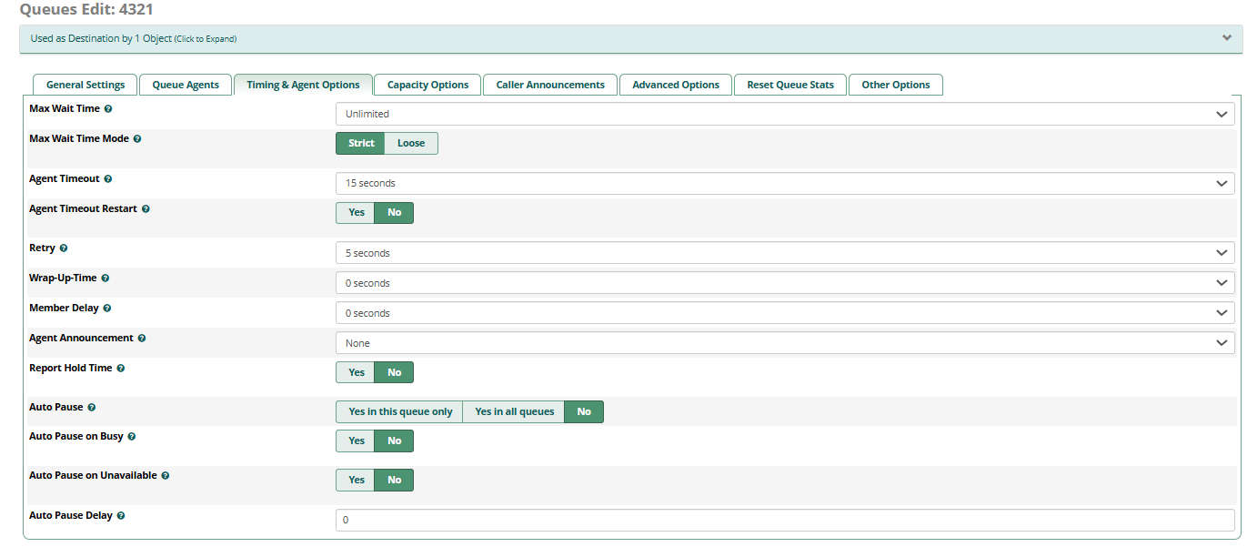 FreePBX Queue Edit - Timing and Agent Options showing Max Wait Time, Agent Timeout, Retry, Wrap-Up-Time, Report Hold Time, Auto Pause settings