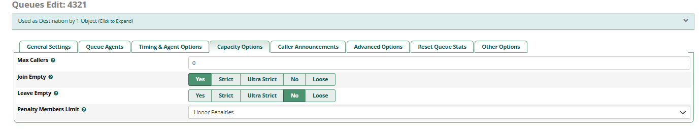 FreePBX Queue Edit - Capacity Options showing Max Callers, Join Empty, Leave Empty, Penalty Members Limit