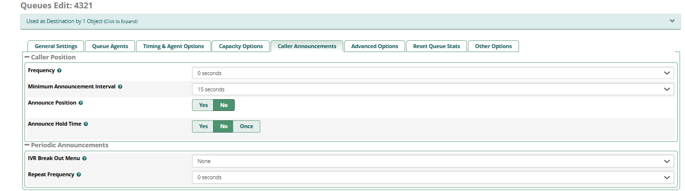 FreePBX Queue Edit - Caller Announcements showing Caller Position frequency, minimum interval, announce position, announce hold time, and periodic announcements including IVR Break Out Menu