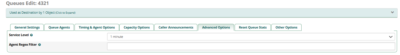 FreePBX Queue Edit - Advanced Options showing Service Level and Agent Regex Filter