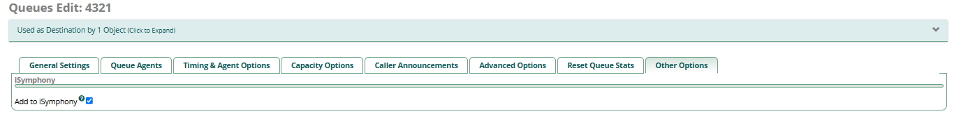 FreePBX Queue Edit - Other Options showing iSymphony checkbox