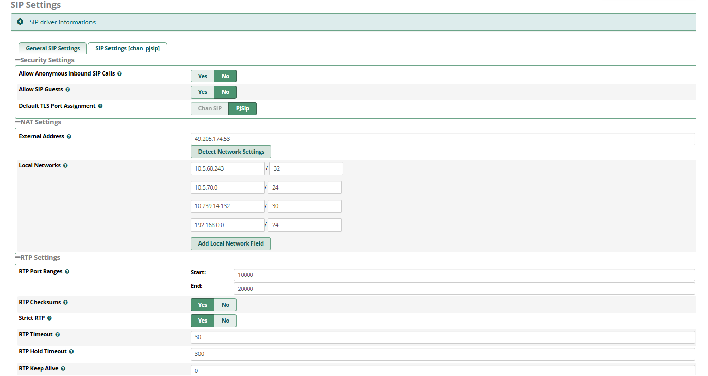 Reset network for SIP setting in FreePBX