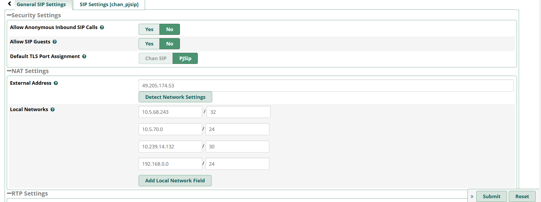 FreePBX SIP Settings showing Security and NAT sections