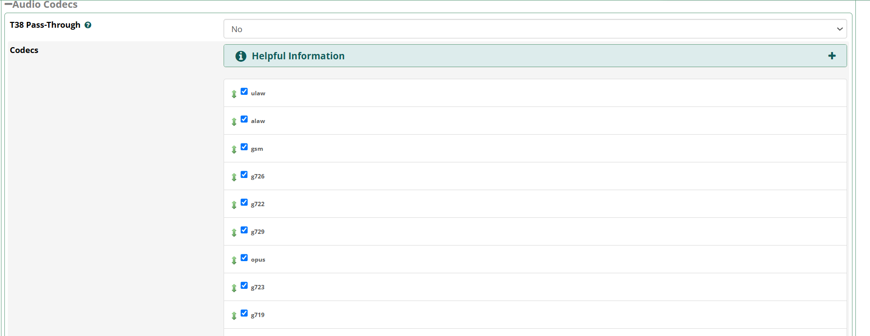 Audio codec selection list in FreePBX SIP Settings