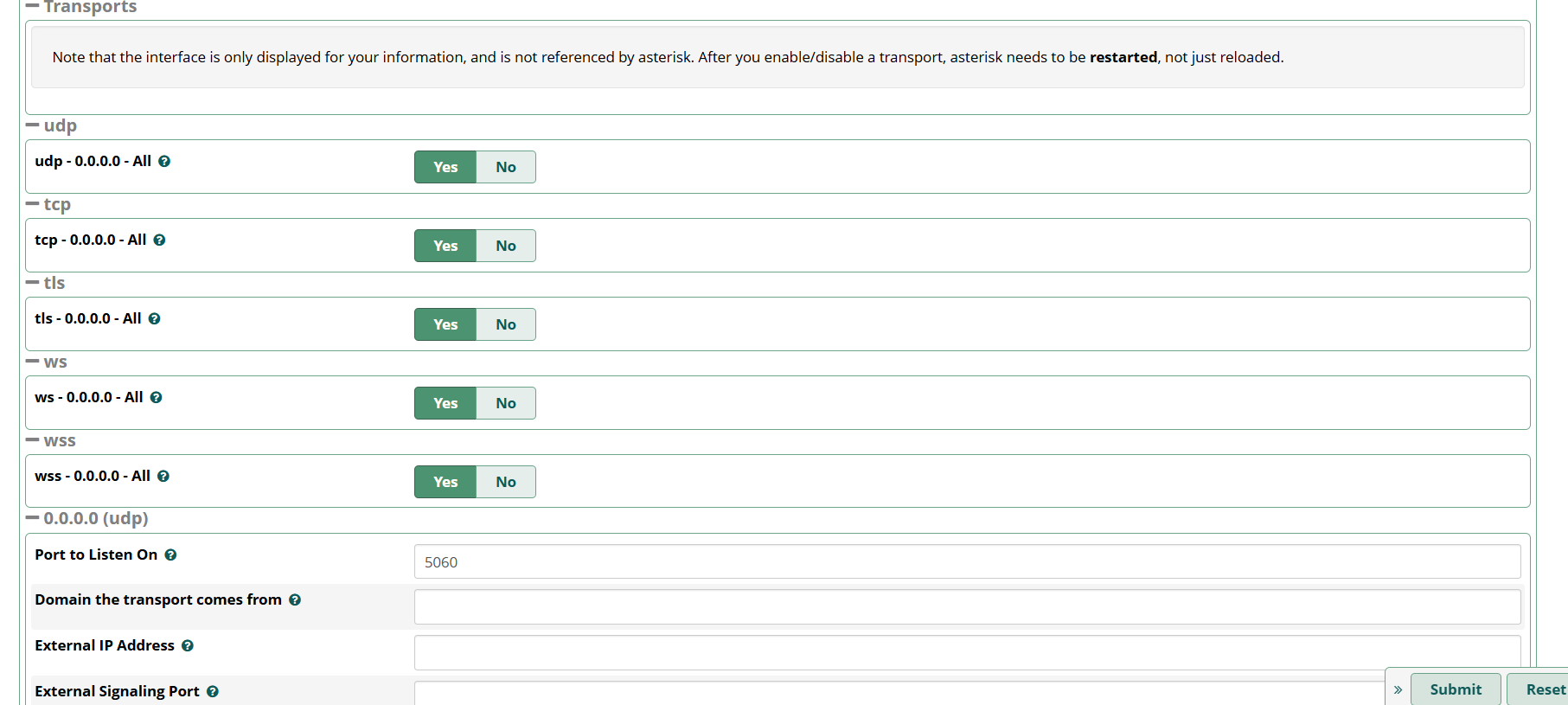 Transports toggles in FreePBX for UDP TCP TLS WS WSS