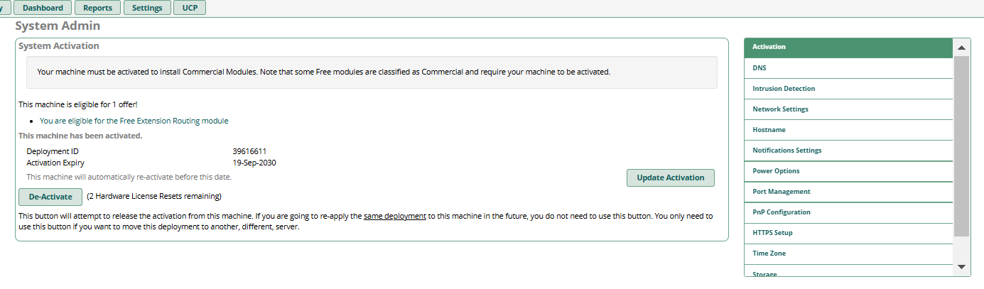 System Admin Activation page showing deployment ID, expiry, update activation and de-activate buttons