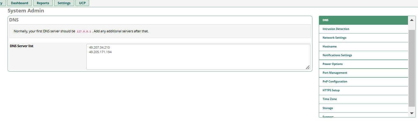 System Admin DNS page showing DNS server list input