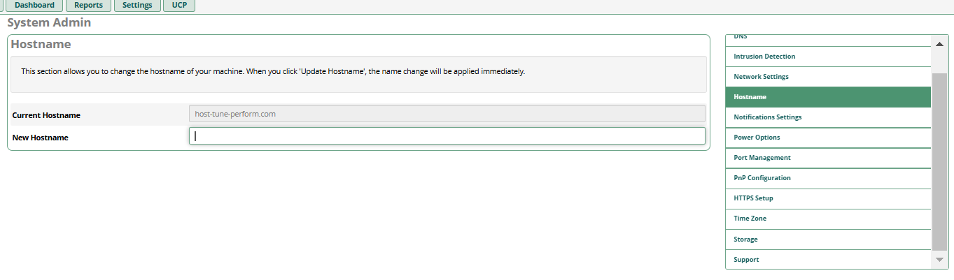System Admin Hostname page showing current hostname and new hostname input field