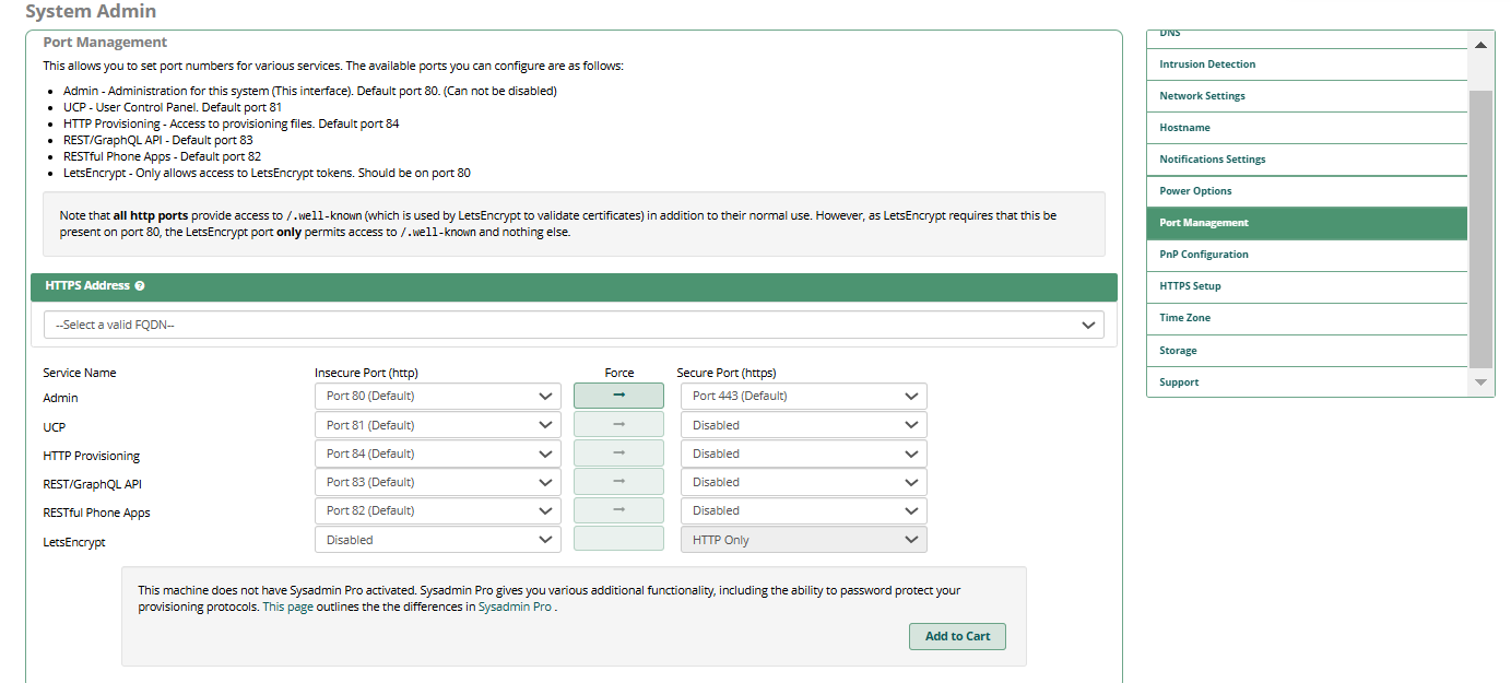 System Admin Port Management showing Admin, UCP, Provisioning, API ports and HTTPS Address dropdown