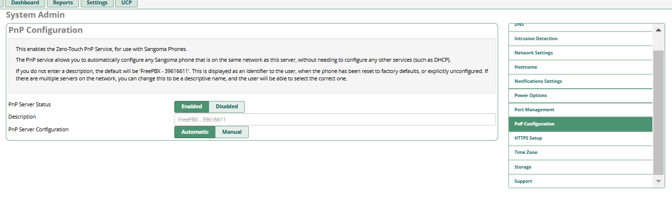 System Admin PnP Configuration showing enable/disable and automatic/manual modes