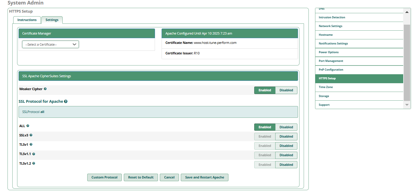 System Admin HTTPS Setup showing certificate selection and SSL protocol options