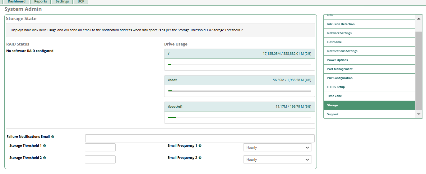 System Admin Storage State showing drive usage bars and alert thresholds