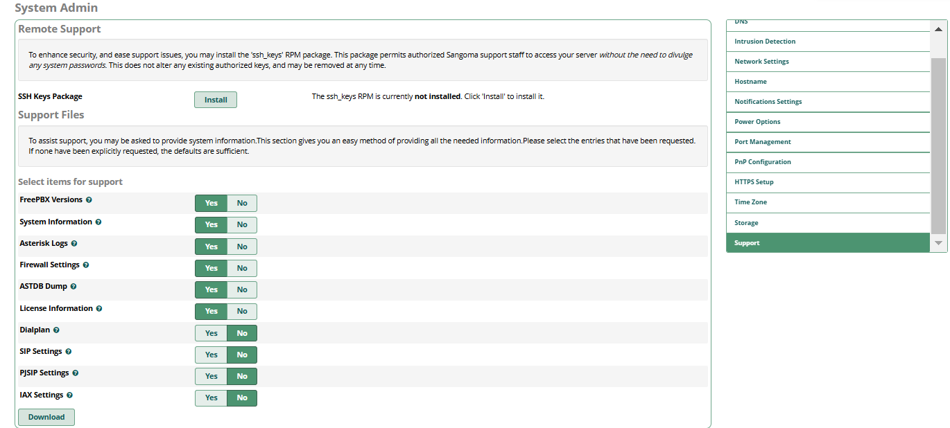 System Admin Support page showing support file selection and download button