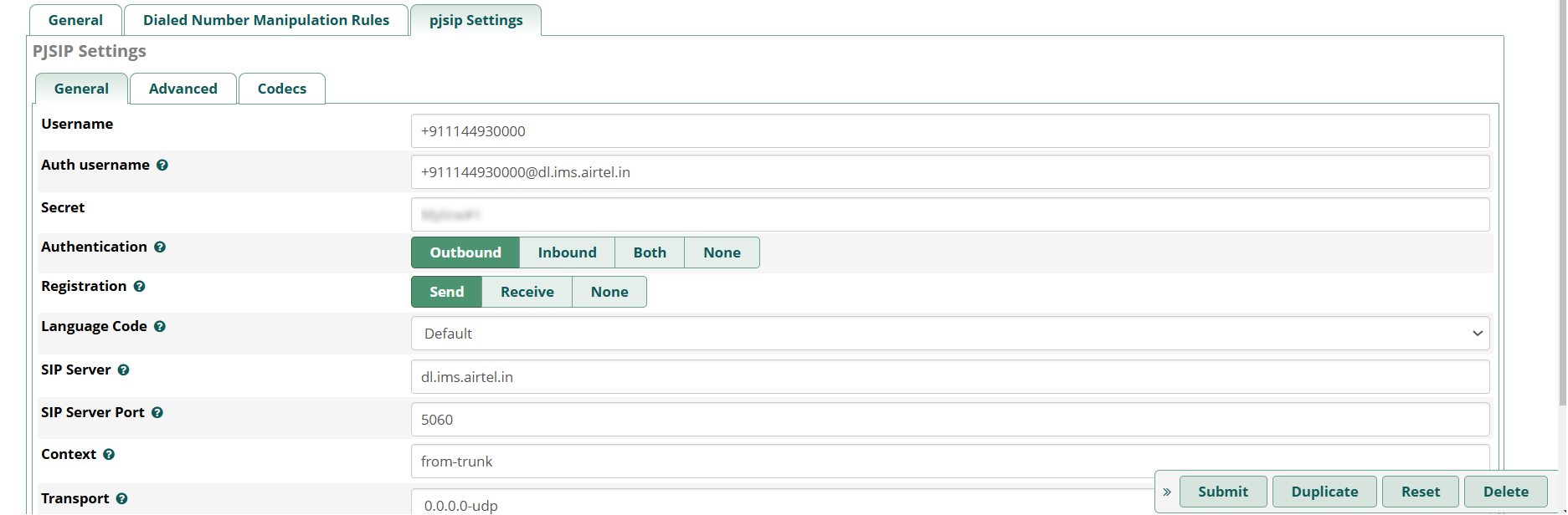 PJSIP trunk settings including server and authentication