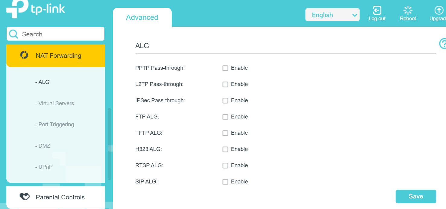 Router settings showing SIP ALG option to disable